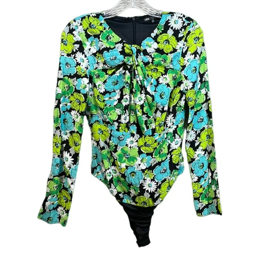 New Bright ZARA Draped Keyhole Green Blue White Floral Bodysuit Women's‎ Size XS